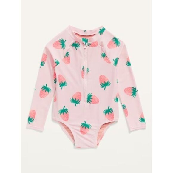 EUC‎ Strawberry Print Long-Sleeve Zip Rashguard for Toddler Girls Sz 12-18M - Picture 1 of 6